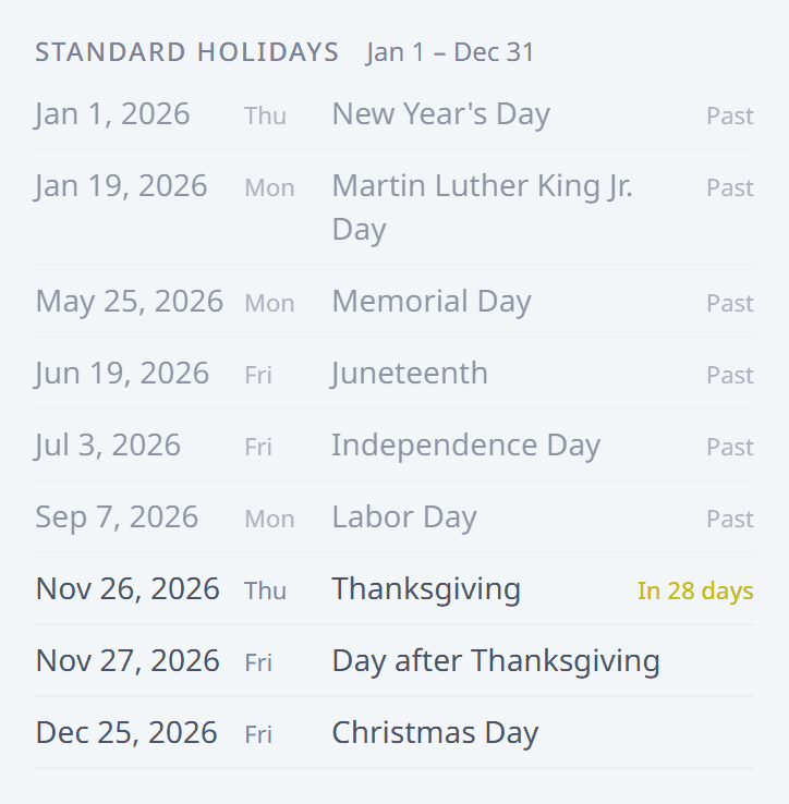 The standard holidays list on the Time off page, with the next one counted down