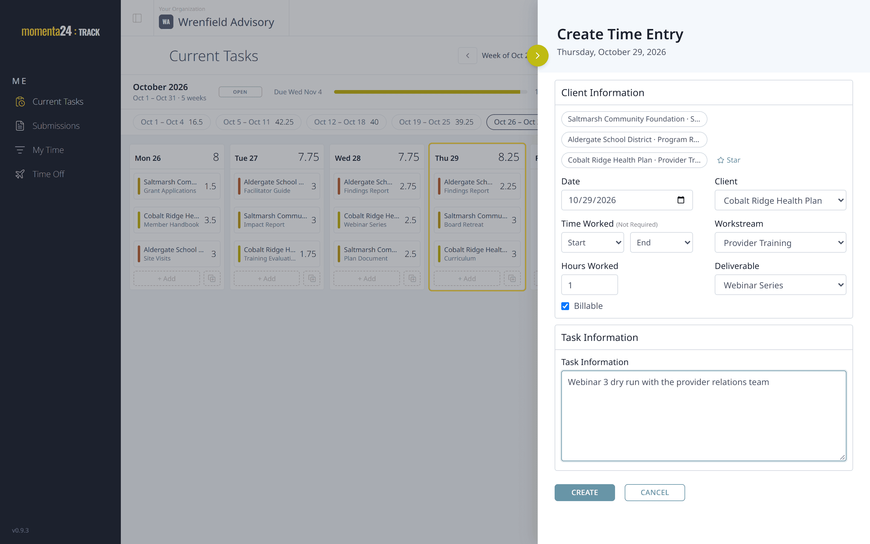 The New Task panel with Cobalt Ridge, Provider Training and Webinar Series chosen and a task typed in