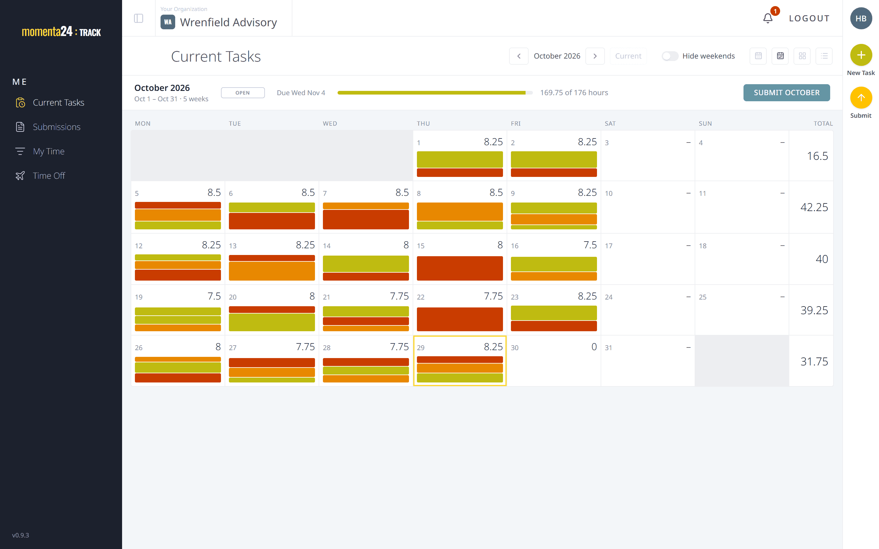The period view, showing the whole month of time on one read-only screen
