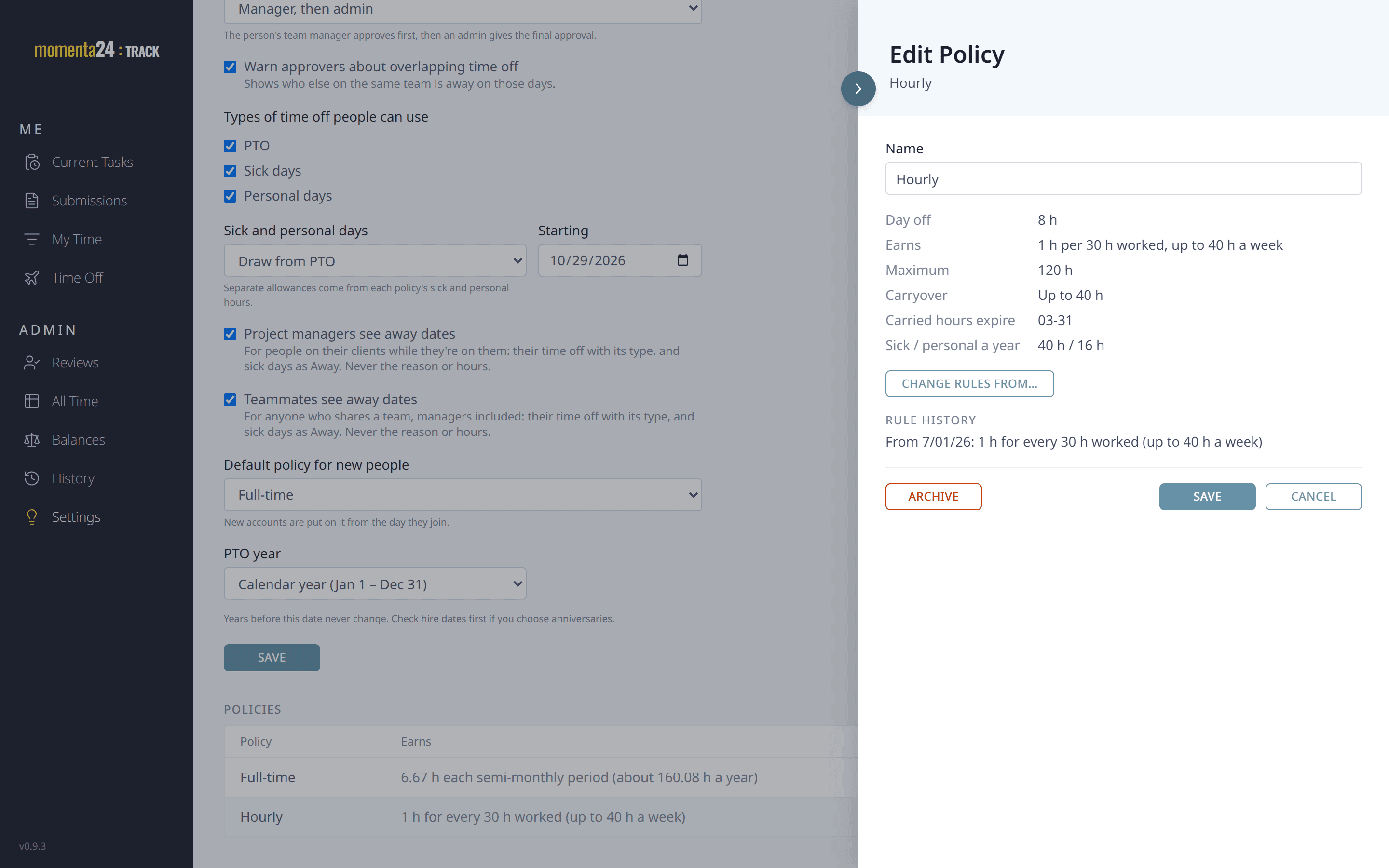 The Hourly time-off policy open in settings