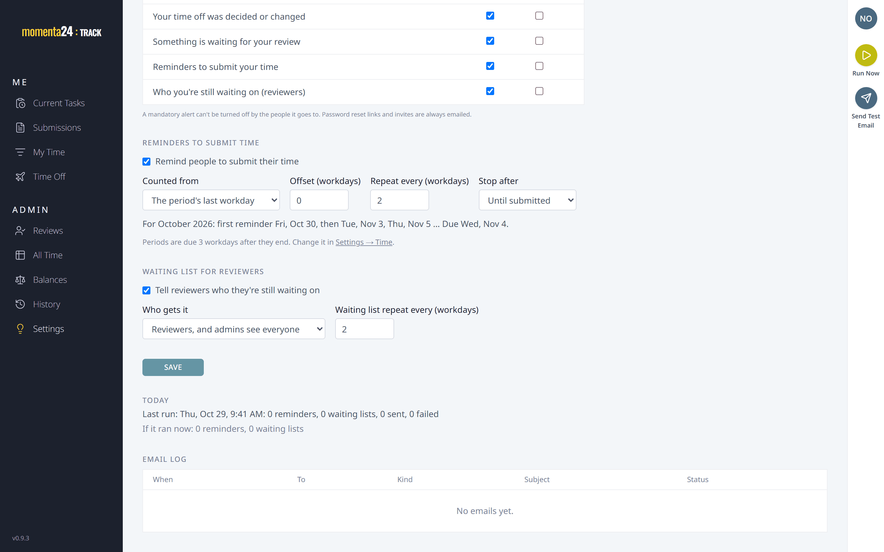 The reminder settings with a preview of what the daily job would send