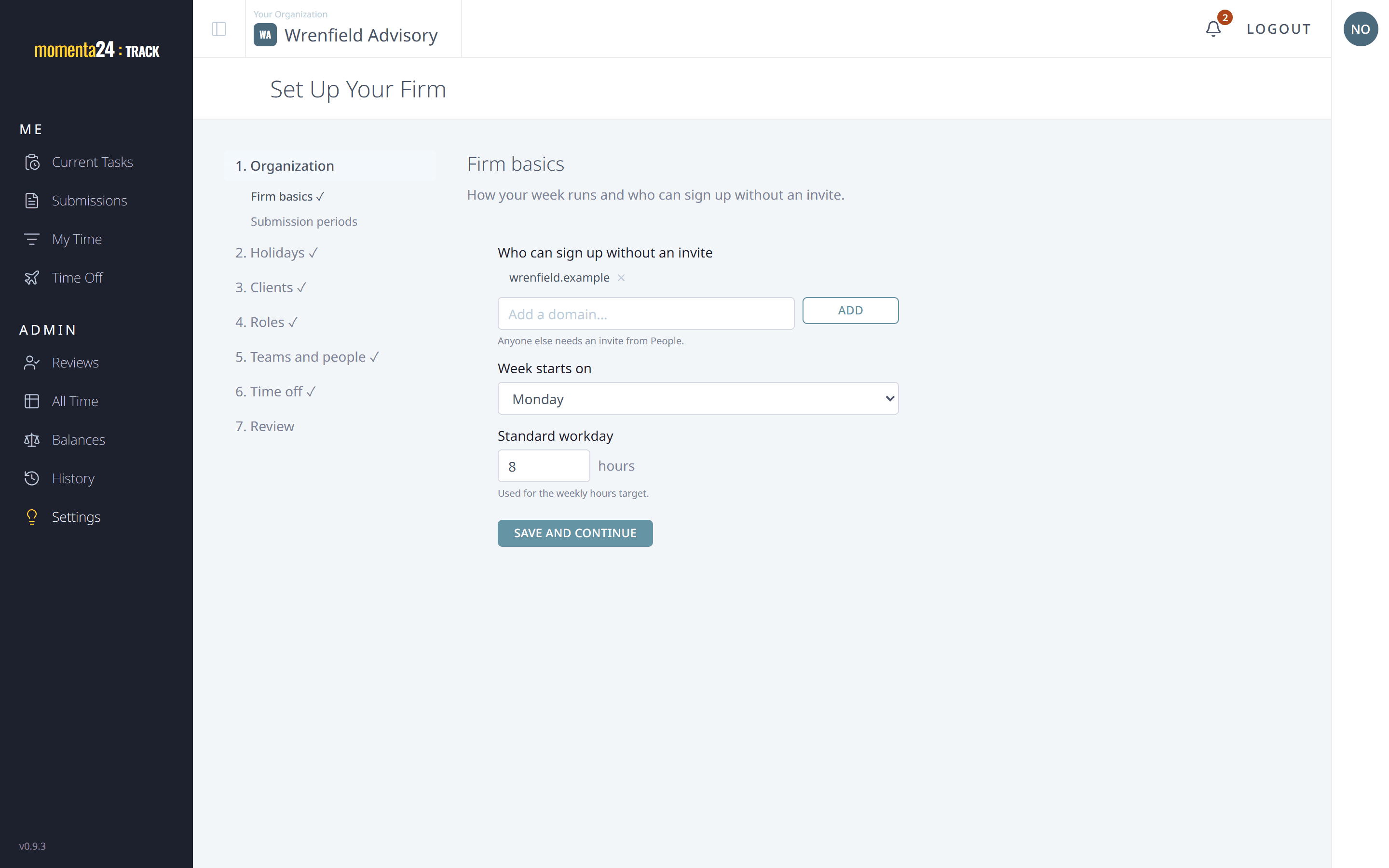 The setup wizard walking an admin through each chapter of setting up the firm