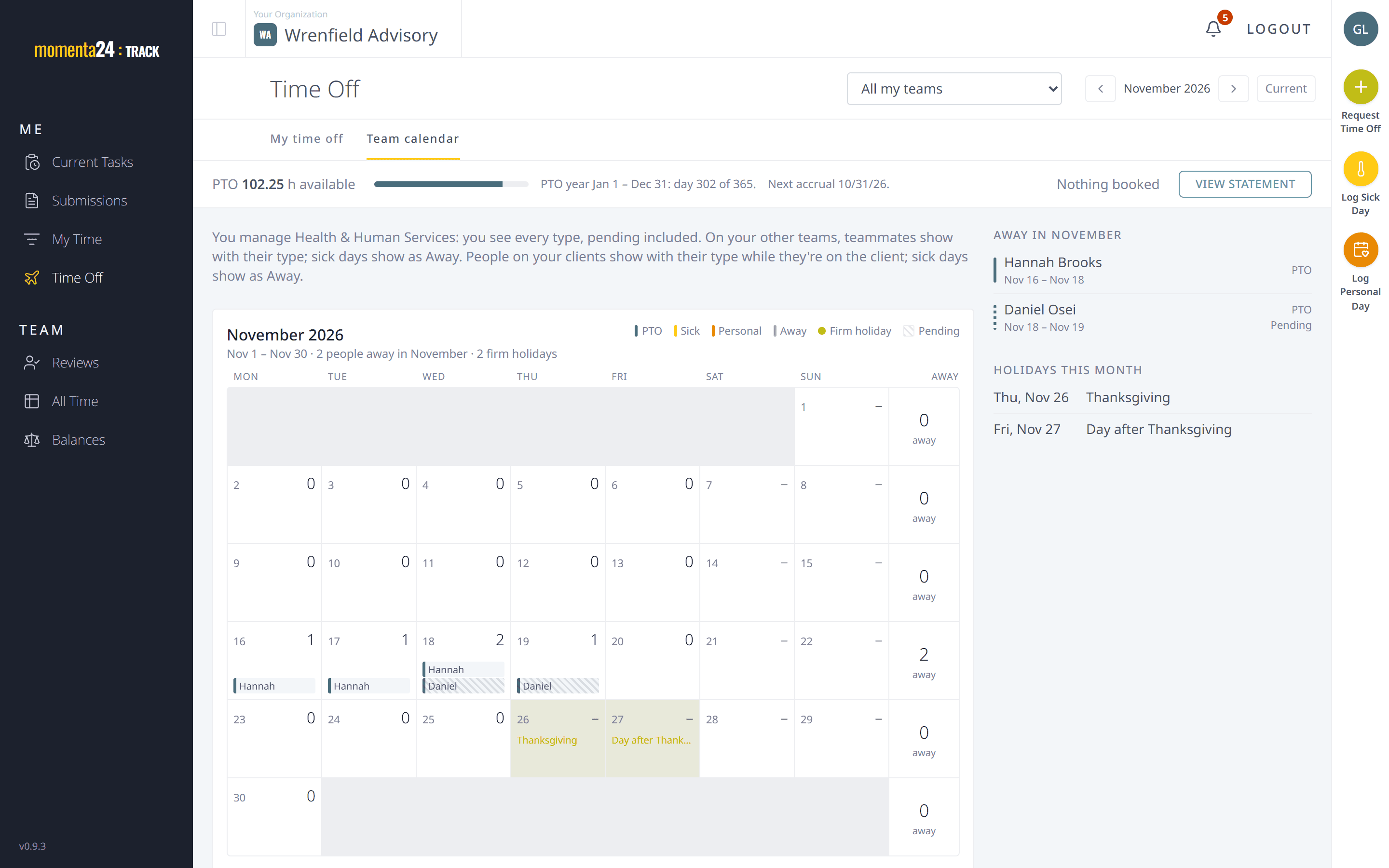 The team calendar showing who is away and when