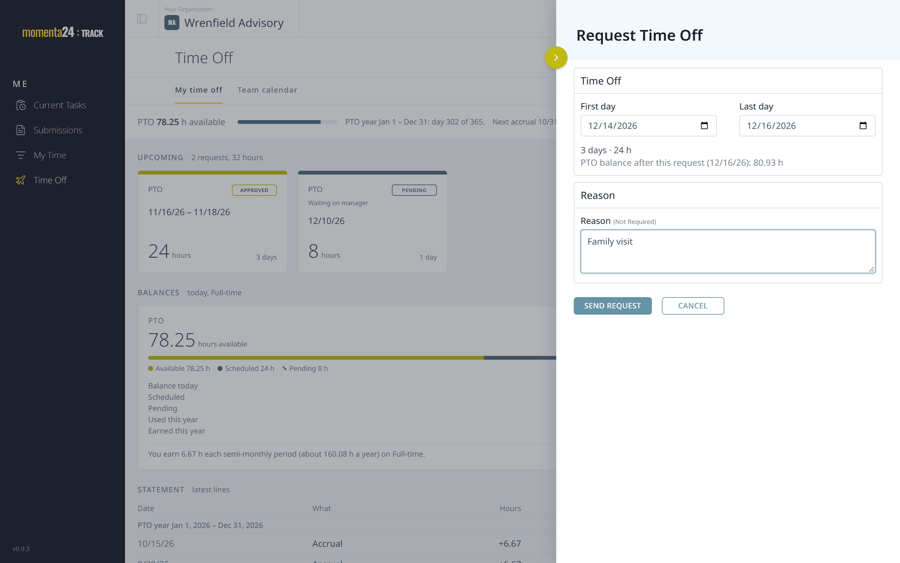 The time-off request form with dates picked