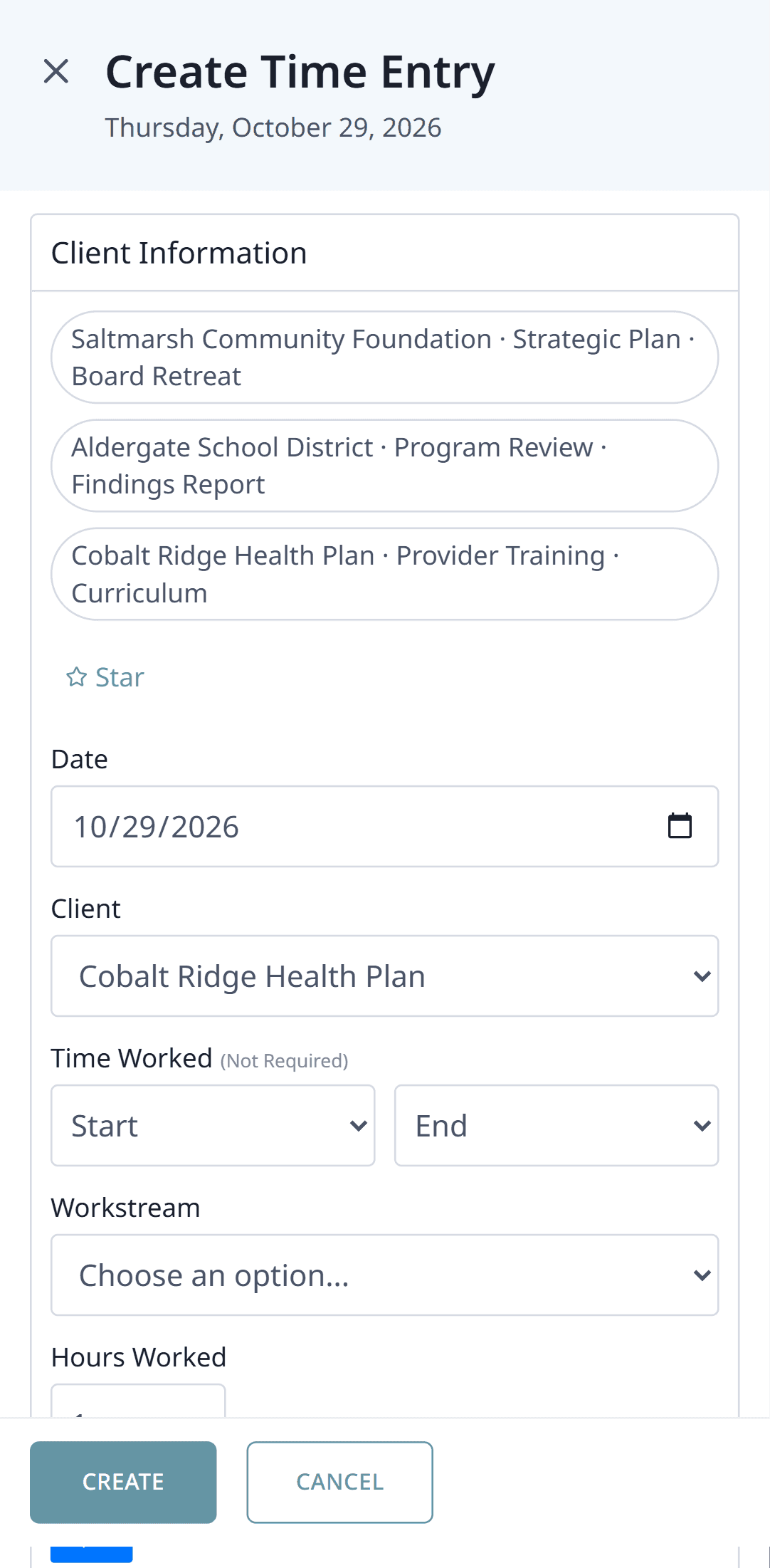 The New Task form on a phone, with a client chosen