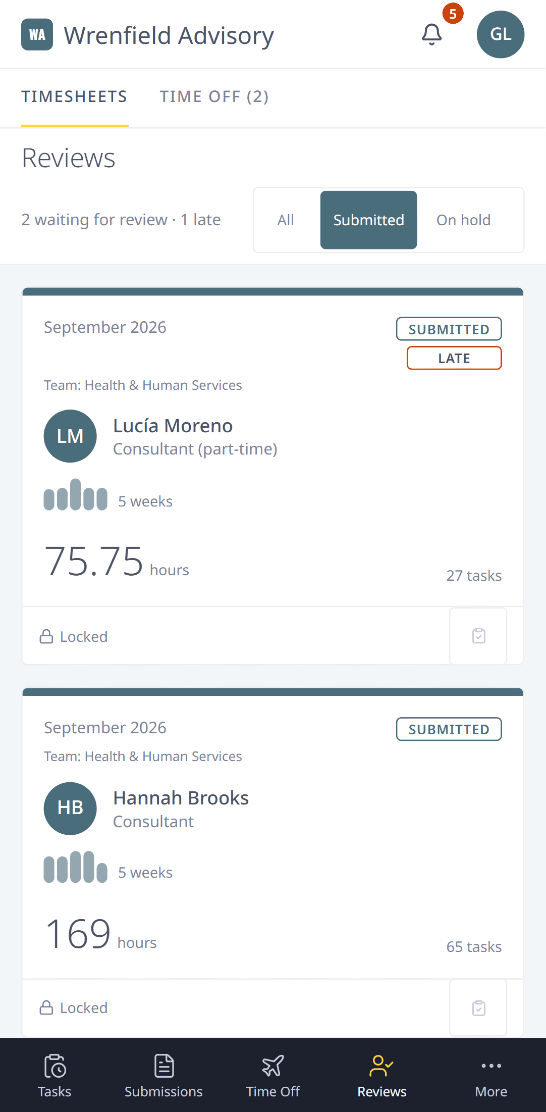The Reviews page on a phone, where a manager reviews a month