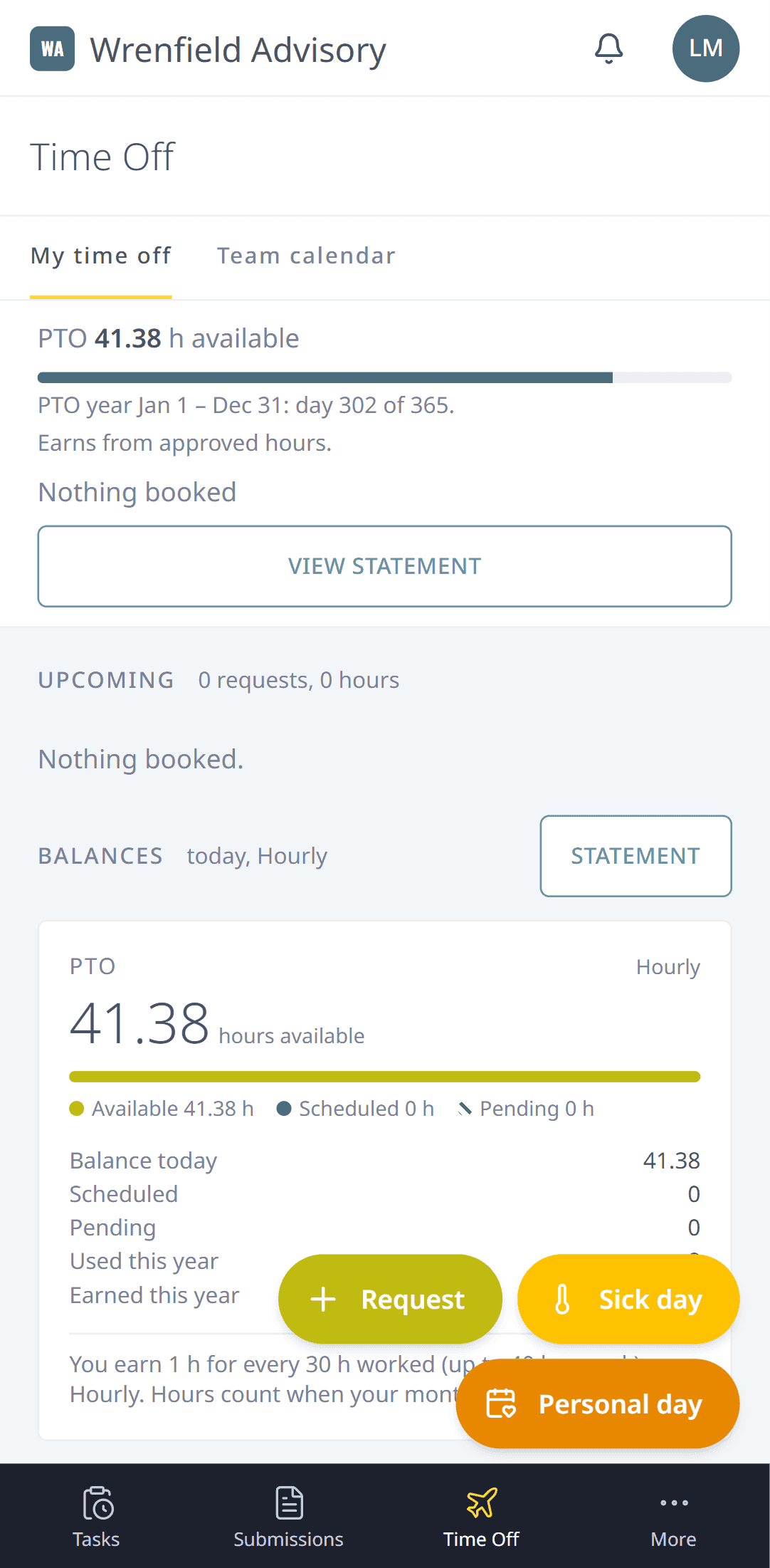 The Time off page on a phone, with balances and requests