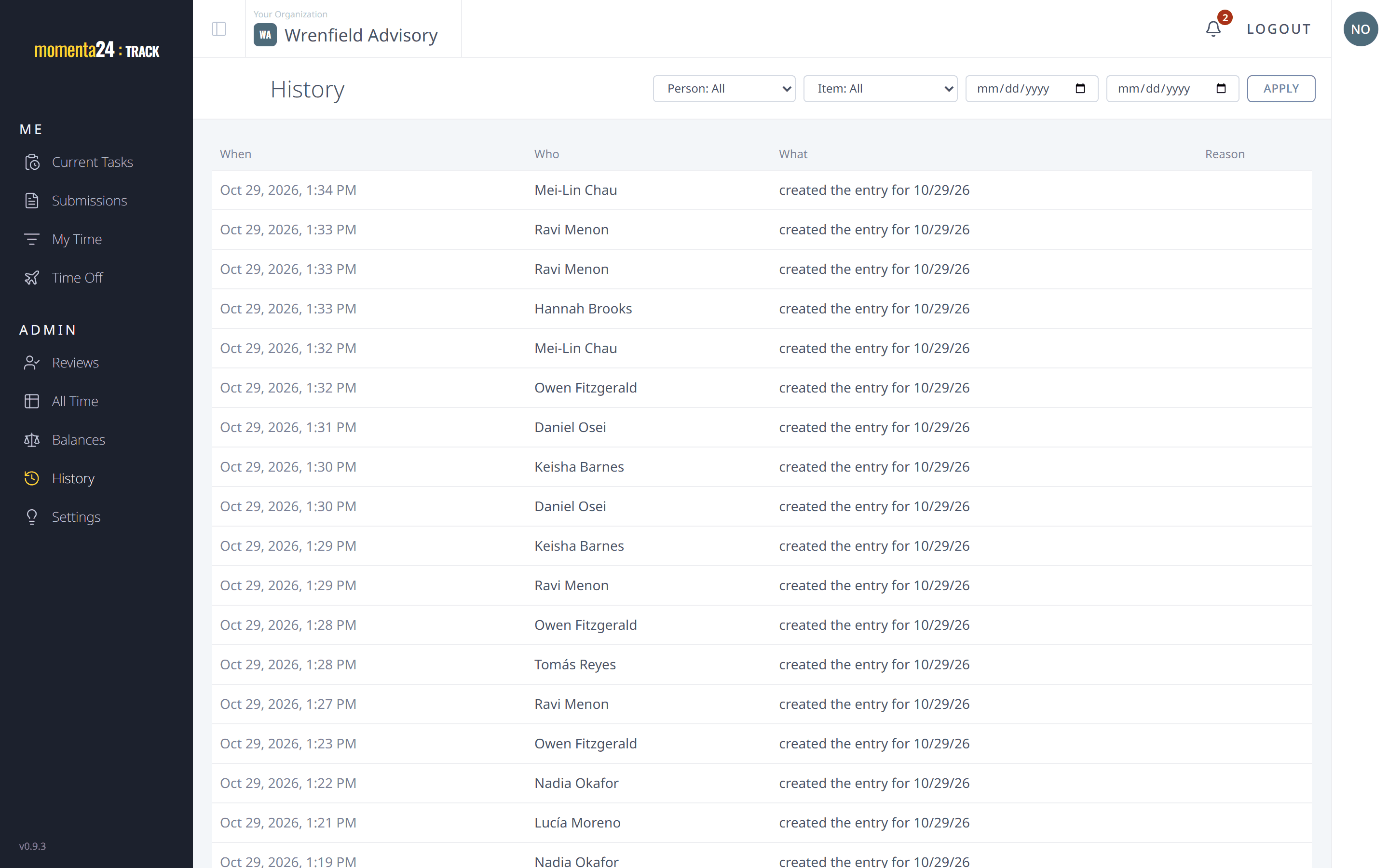 The change history, listing who changed what and when